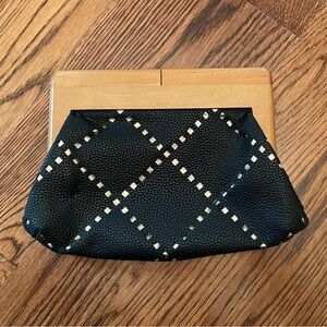 Sondra Roberts Squared Black & Gold Clutch with Wood Detail and Magnetic Closure